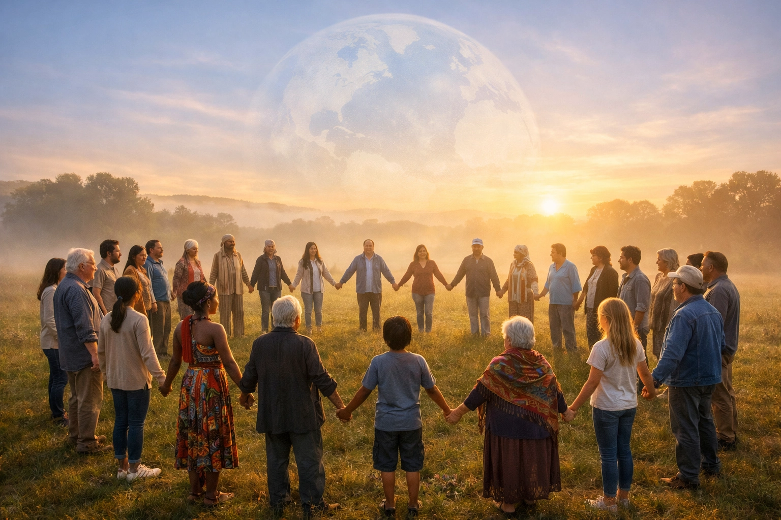 People of all races holding hands representing global unity and God's unconditional love