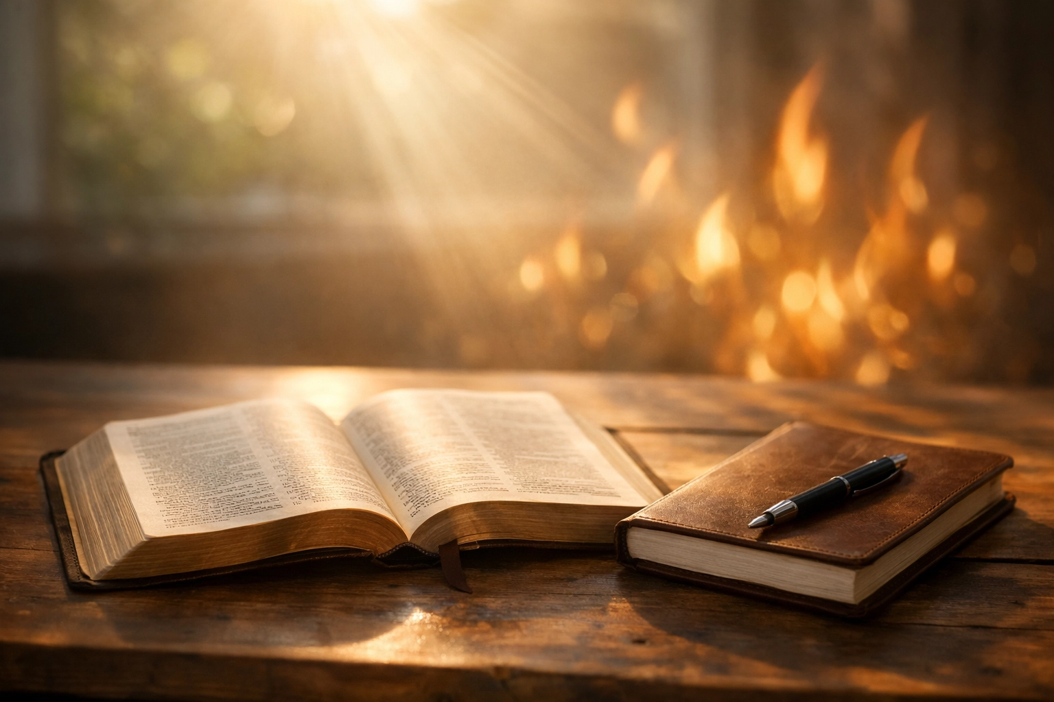 Open Bible with sunlight and gentle fire-like glow representing spiritual growth and Kingdom impact
